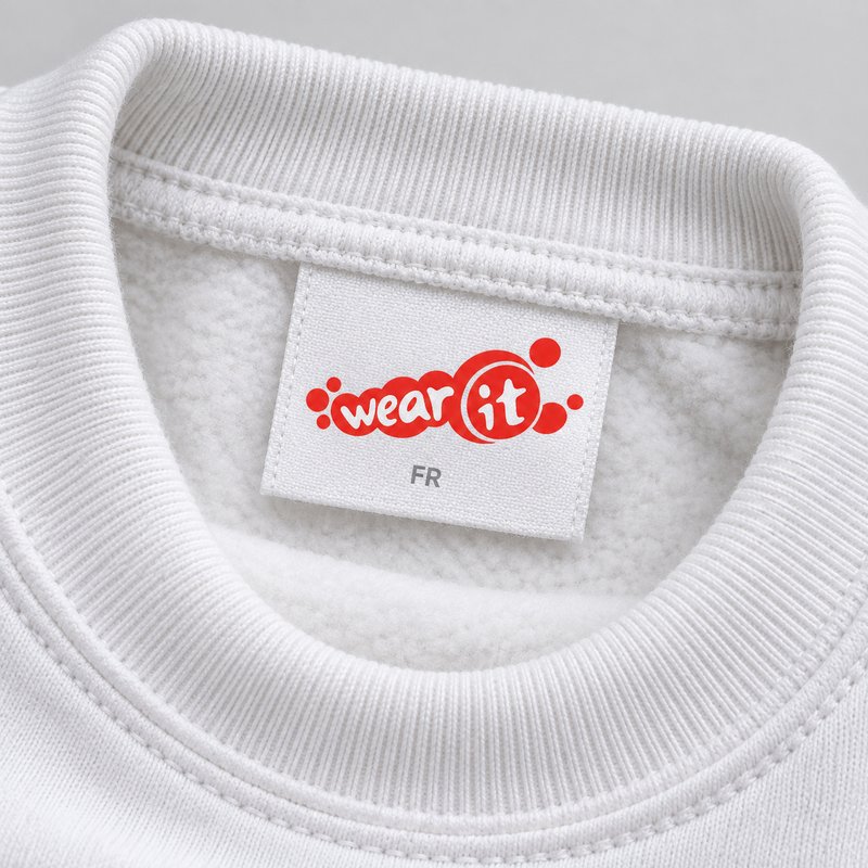 Étiquette de col Wear It à l'intérieur d'un sweat blanc