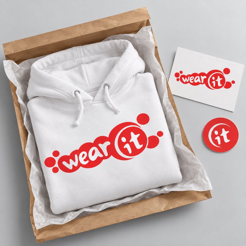 Sweat à capuche blanc Wear It plié dans une pochette kraft, sur du papier de soie