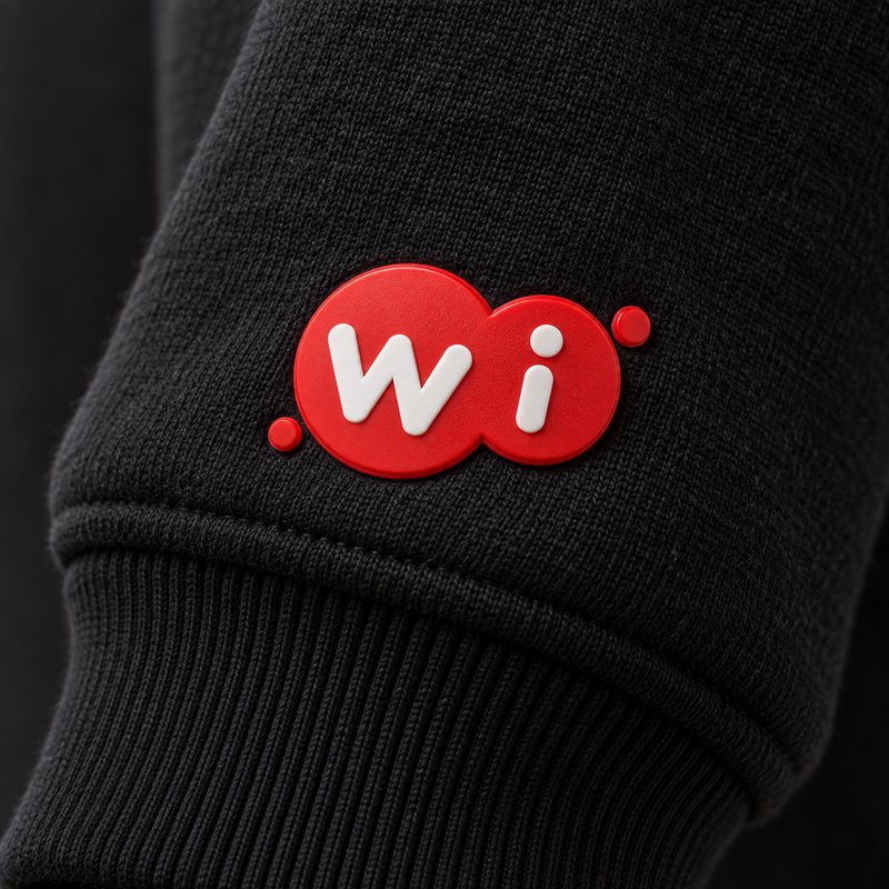 Patch en caoutchouc rouge au monogramme WI sur le bas d'une manche noire