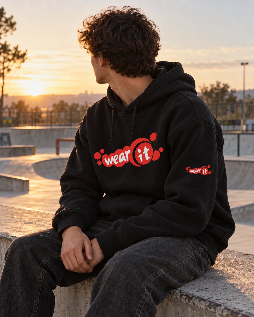 Homme assis sur un muret de skatepark, en sweat à capuche noir Wear It