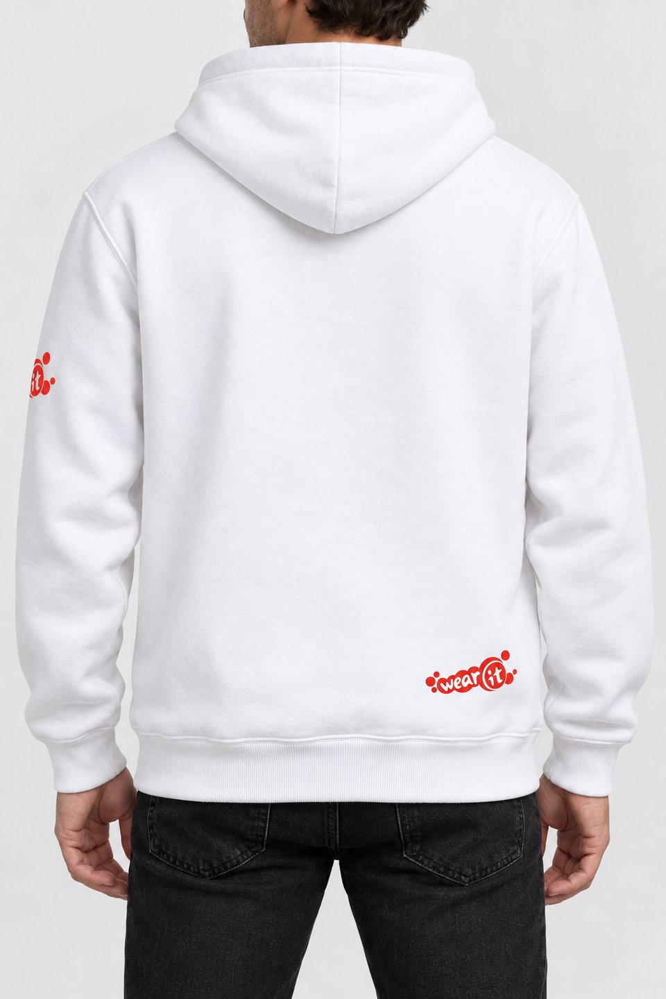 Sweat à capuche blanc Wear It vu de dos, petit logo rouge en bas à droite